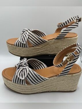 J.Crew Navy Striped Canvas Bow Espadrille Wedges Coastal Grandma Summer Core 8